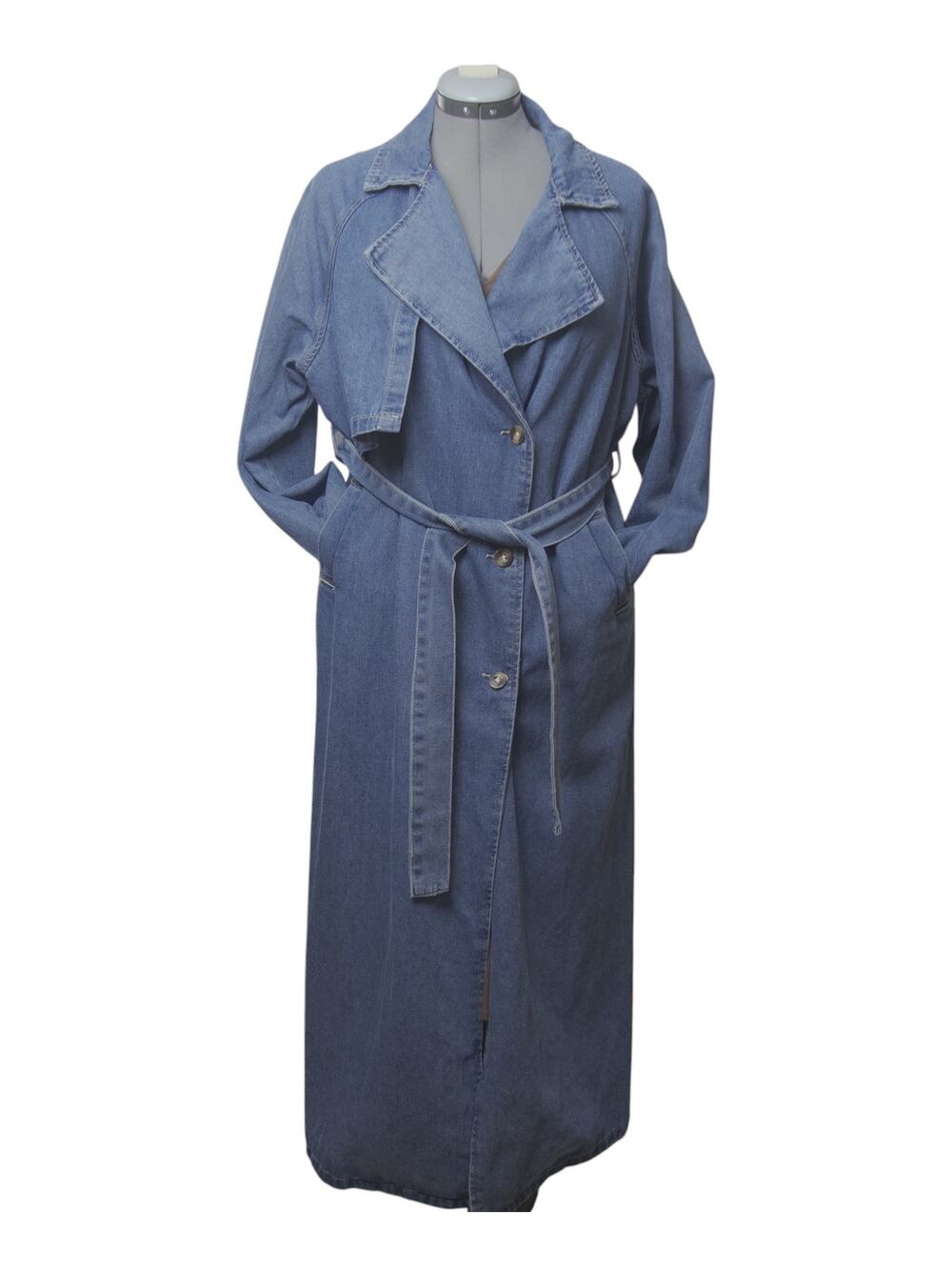 FRIFUL Denim Trench Coat XL Double Breasted Belted Long Maxi Duster